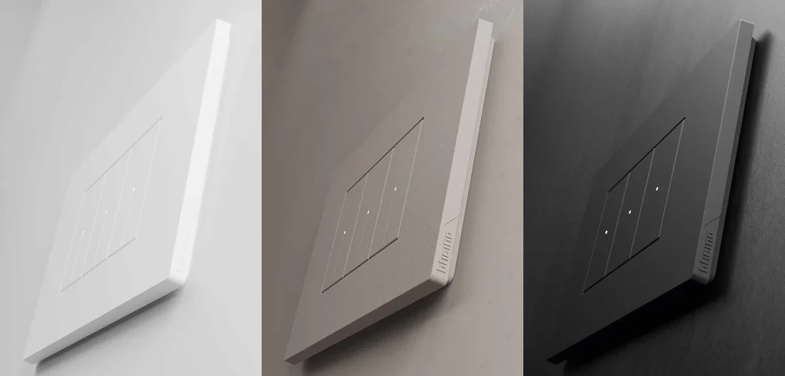 Ключове bticino Light Now в бяло, камък и графит, снимани отстрани