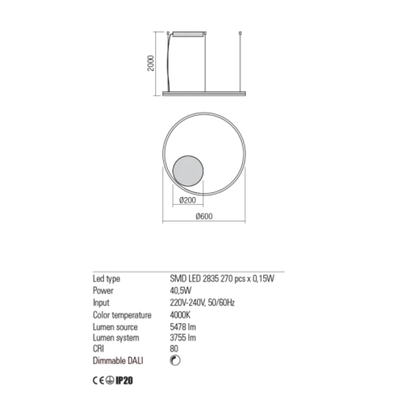 Dali 01-1912 – REDO LED пендел в матово бял, 40,5W, 4000K, IP20