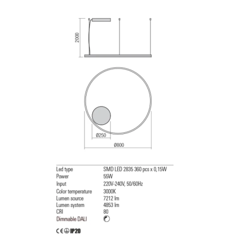 Dali 01-1949 – REDO LED пендел в матово черен, 55W, 3000K, IP20