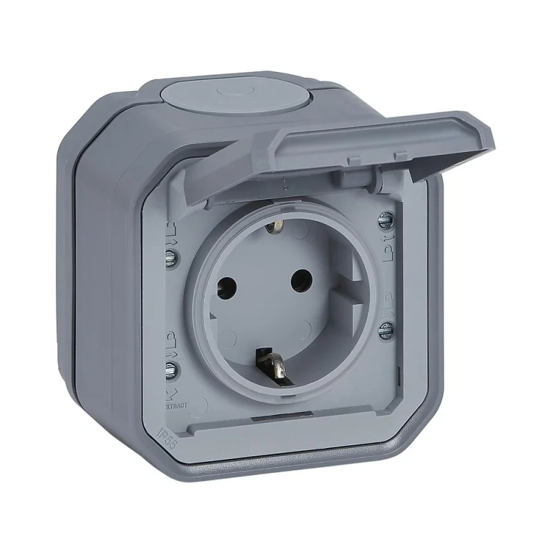 Legrand Schuko socket 2P+E 16A monobloc with children's protection and automatic terminals Ohm IP55 Grey - Legrand Plexo New 069730L