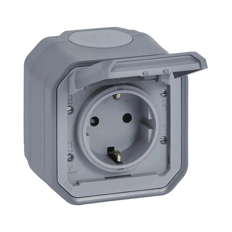 Legrand Schuko socket 2P+E 16A monobloc with children's protection and screw terminals Ohm IP55 Grey - Legrand Plexo New 069733L