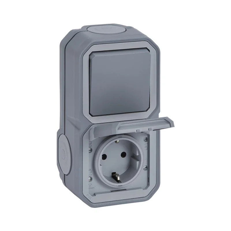 Legrand Two-way switch and Schuko socket 2P+E 16A monobloc horizontal screw terminals IP55 Grey - Legrand Plexo New 069746L