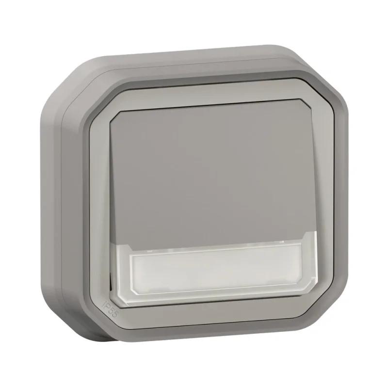 Бутон NO/NC с подсветка 12V и етикет моноблок скрит монтаж IP55 Сив - Legrand Plexo New 069824L