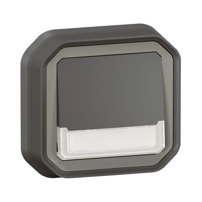 Бутон NO/NC с подсветка 12V и етикет моноблок скрит монтаж IP55 Антрацит - Legrand Plexo New 069854L