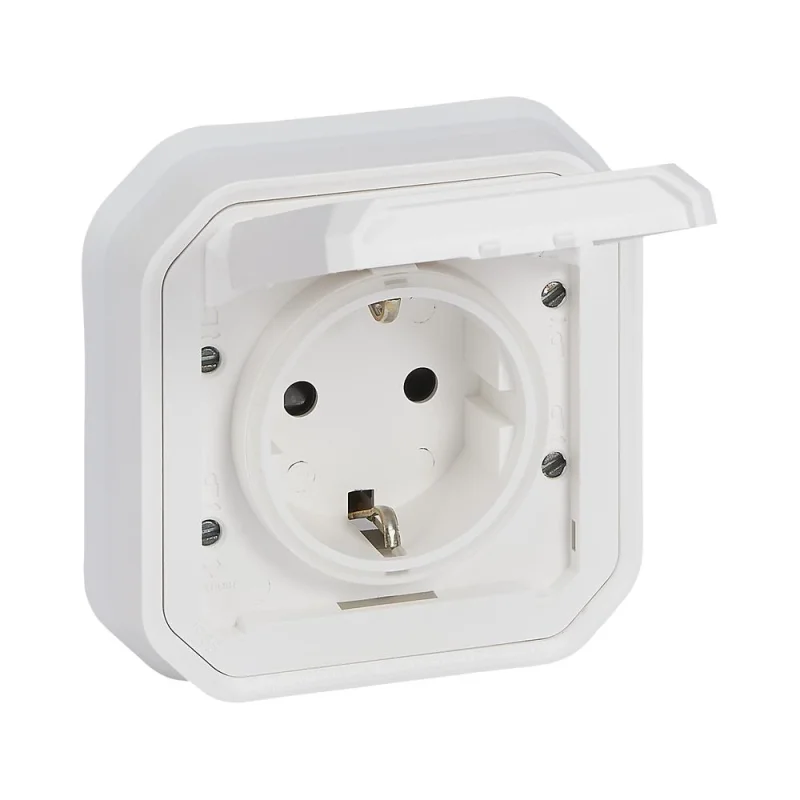 Legrand Контакт Шуко 2P+E 16А моноблок скрит монтаж детска защита и винтови клеми IP55 Бял - Legrand Plexo New 069869L