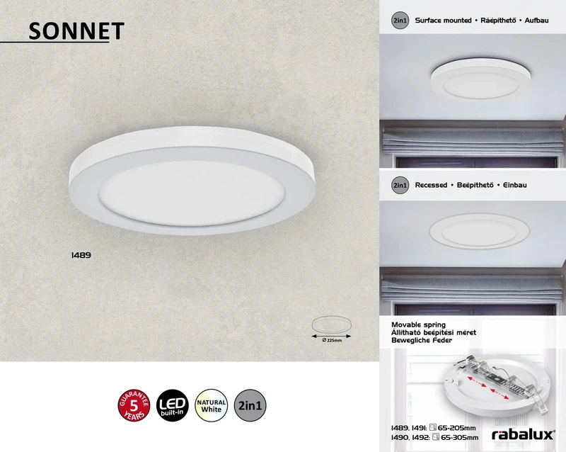 Sonnet – LED плафон за вграждане и открит монтаж в бяло, Ø225мм, 18W, 4000K