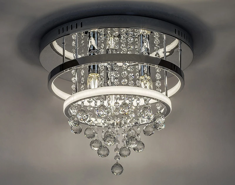 Pallas – класически LED плафон в хром с кристални елементи, Ø400мм, 32W, 4000K