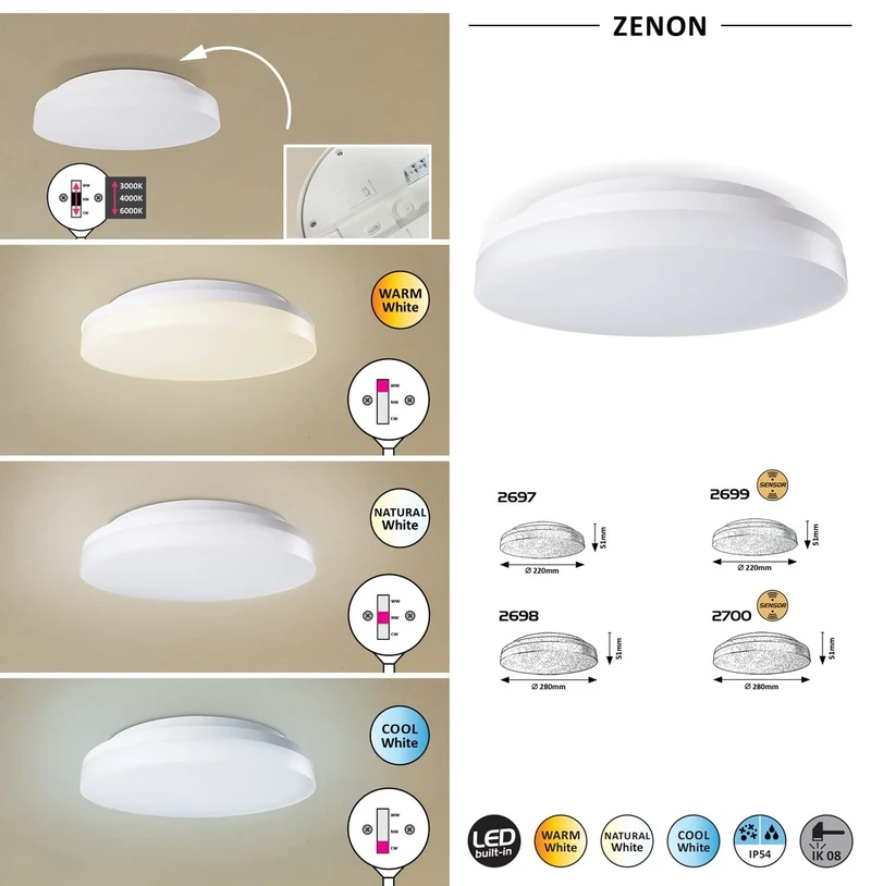 Zenon – LED ceiling light for terrace in white, Ø280mm, 24W, 3000-6000K, IP54