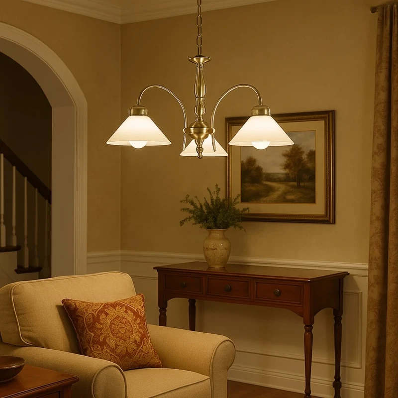 Marian – classic chandelier in bronze with white glass shades, Ø700mm, 3×E27