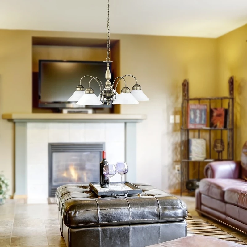 Marian – classic chandelier in bronze with white glass, Ø700mm, 5×E27