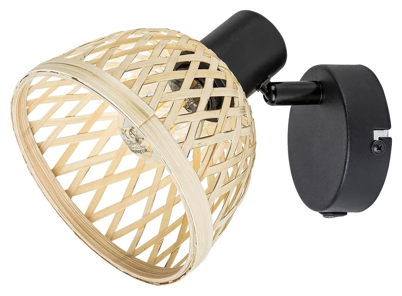Spotlights Rattan – industrial spotlight in black matt with rattan shade, Ø135mm, 1×E14