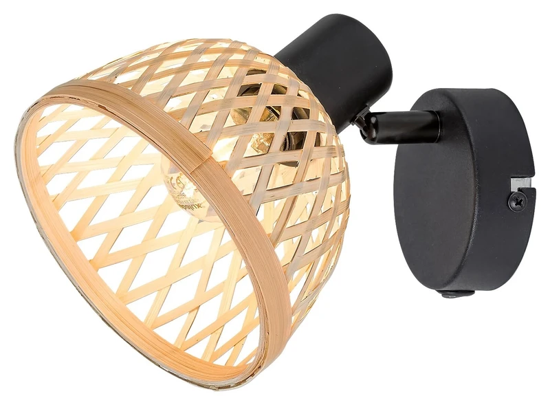 Rattan – industrial spotlight in black matt with rattan shade, Ø135mm, 1×E14