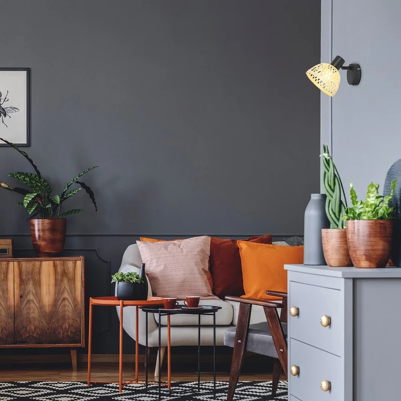 Rattan – industrial spotlight in black matt with rattan shade, Ø135mm, 1×E14
