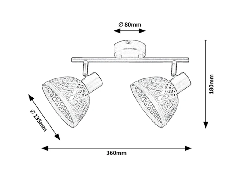 Rattan – industrial spotlight with 2 luminaires in black matt with rattan shades, Ø135mm, 2×E14