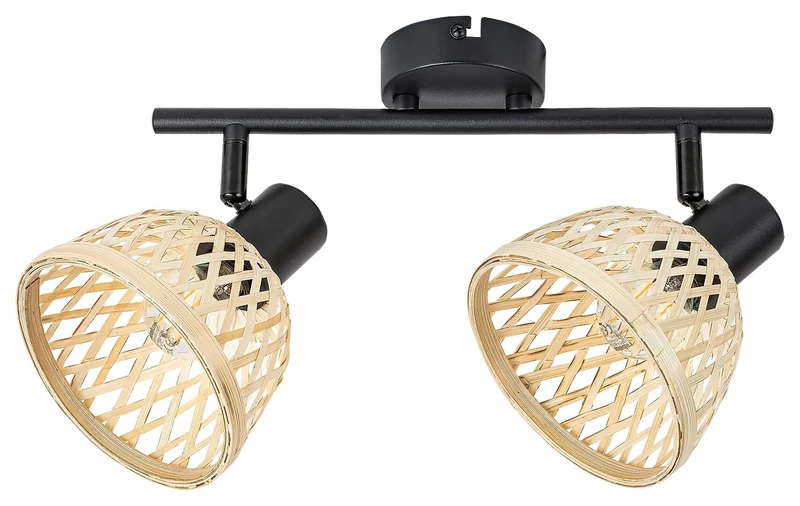Spotlights Rattan – industrial spotlight with 2 luminaires in black matt with rattan shades, Ø135mm, 2×E14