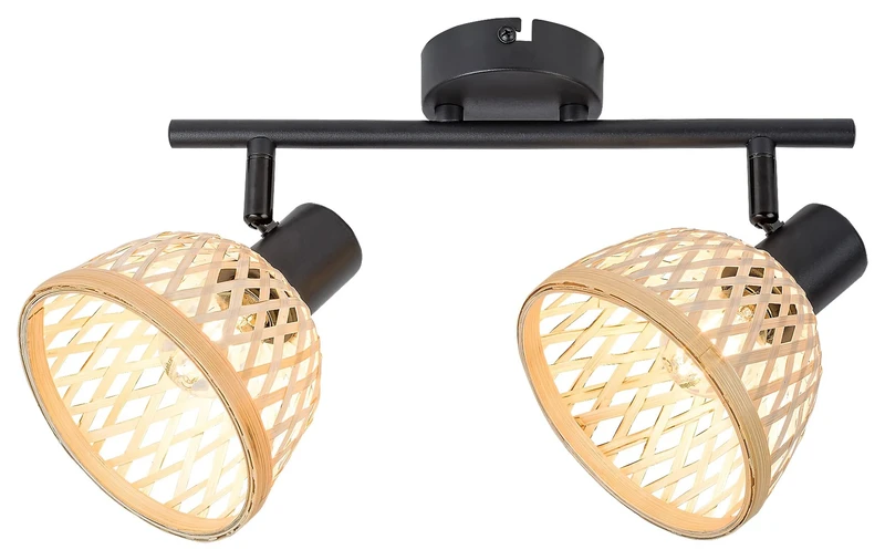 Rattan – industrial spotlight with 2 luminaires in black matt with rattan shades, Ø135mm, 2×E14