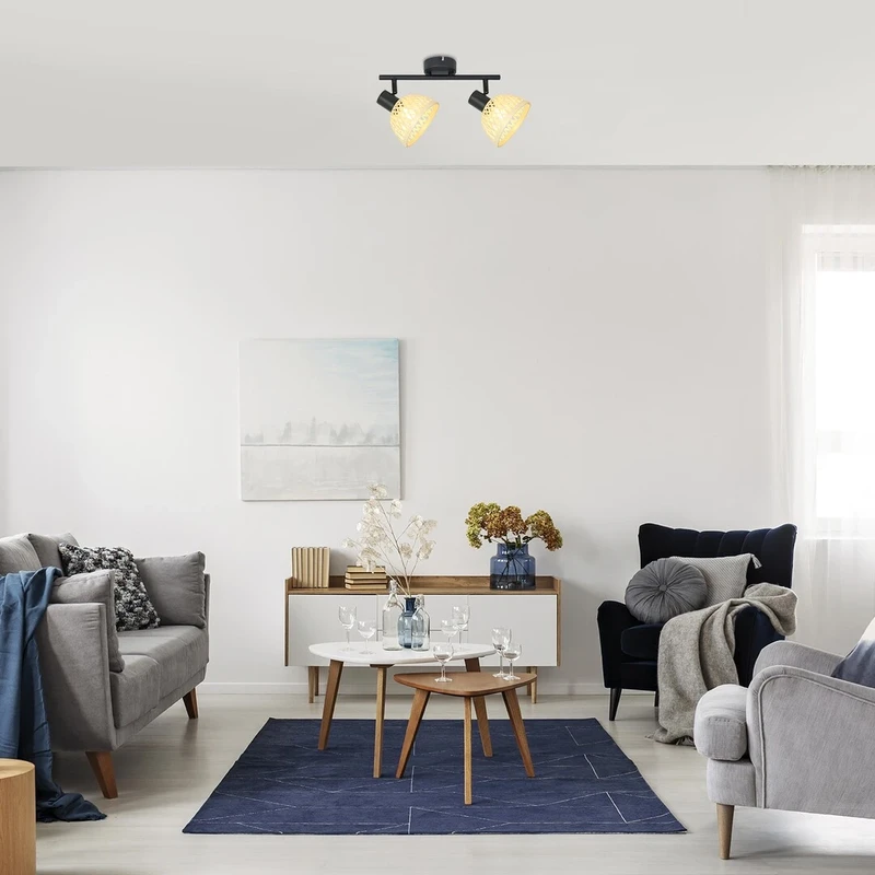 Rattan – industrial spotlight with 2 luminaires in black matt with rattan shades, Ø135mm, 2×E14
