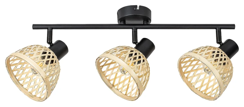 Spotlights Rattan – industrial spotlight with 3 luminaires in black matt with rattan shades, 520mm, 3×E14