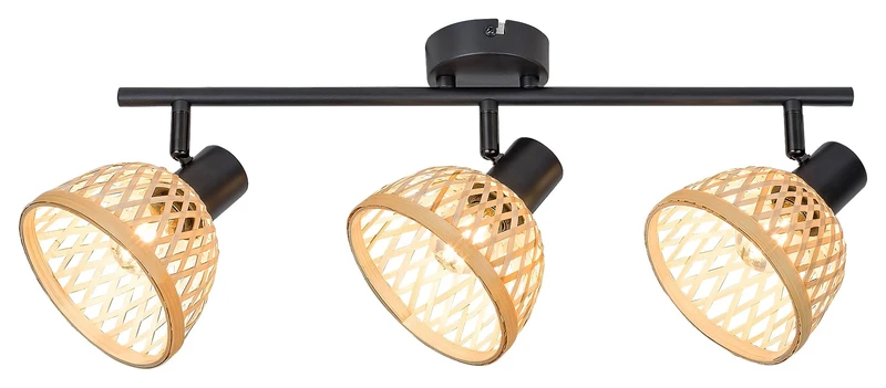 Rattan – industrial spotlight with 3 luminaires in black matt with rattan shades, 520mm, 3×E14