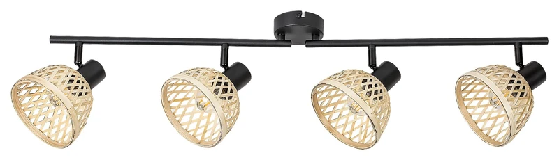 Спотове Rattan – индустриален спот с 4 тела в черен мат с ратанови абажури, 825мм, 4×E14