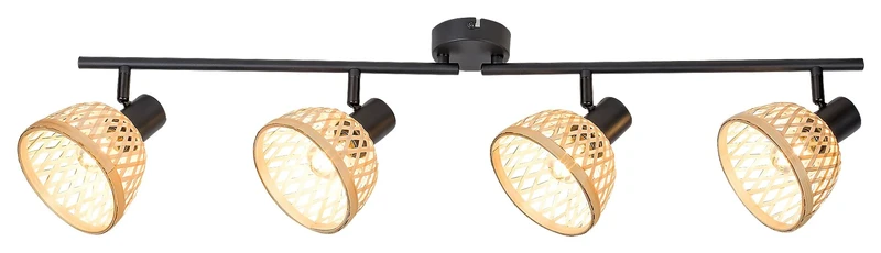 Rattan – индустриален спот с 4 тела в черен мат с ратанови абажури, 825мм, 4×E14