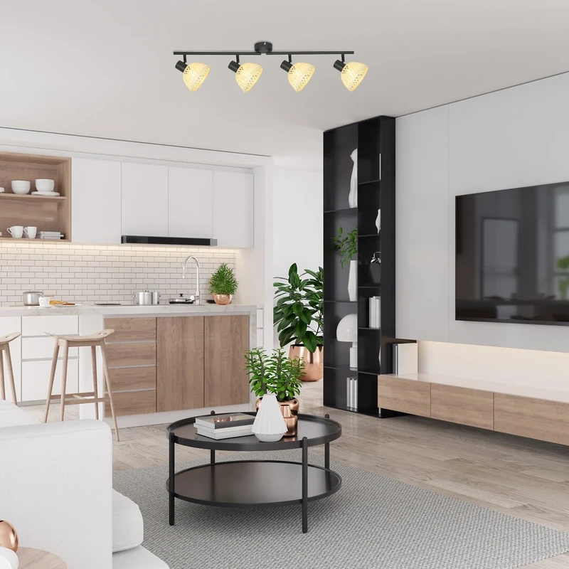 Rattan – индустриален спот с 4 тела в черен мат с ратанови абажури, 825мм, 4×E14