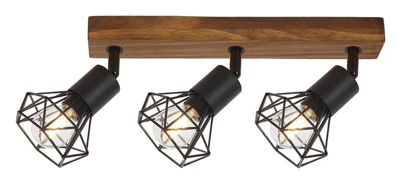 Spotlights Zeus – industrial spotlight with 3 luminaires in oak and black matt, 525mm, 3×E14