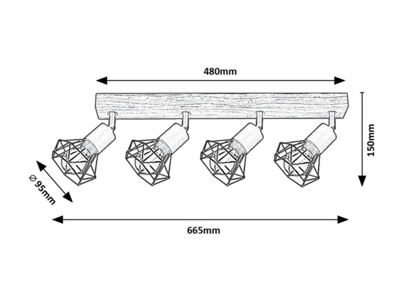 Zeus – industrial spotlight with 4 luminaires in oak and black matt, 665mm, 4×E14