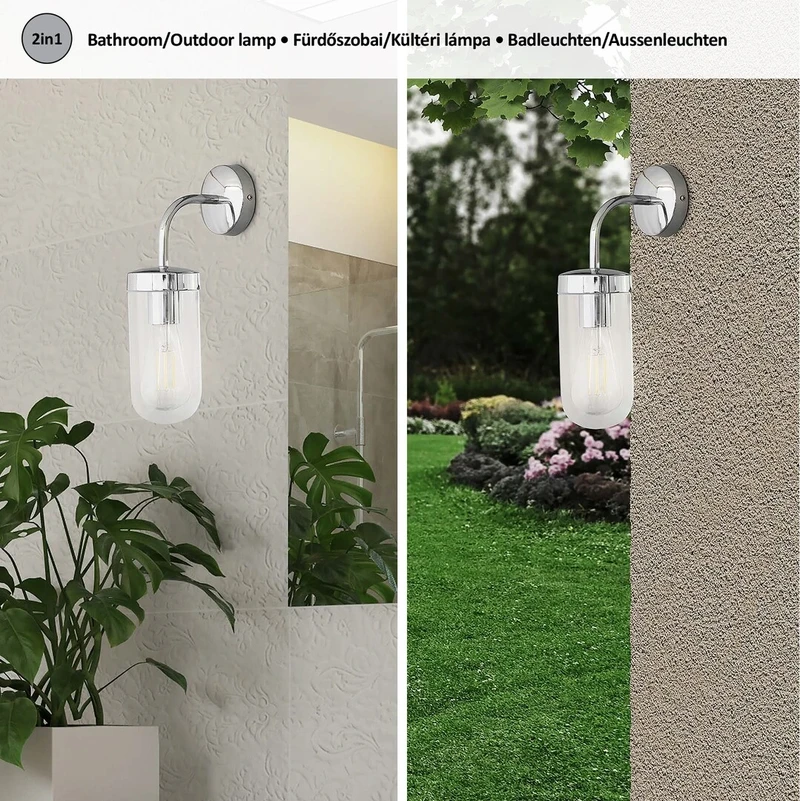 Yago – modern lamp for bathroom in chrome with clear glass, 97×325mm, 1×E27, IP44