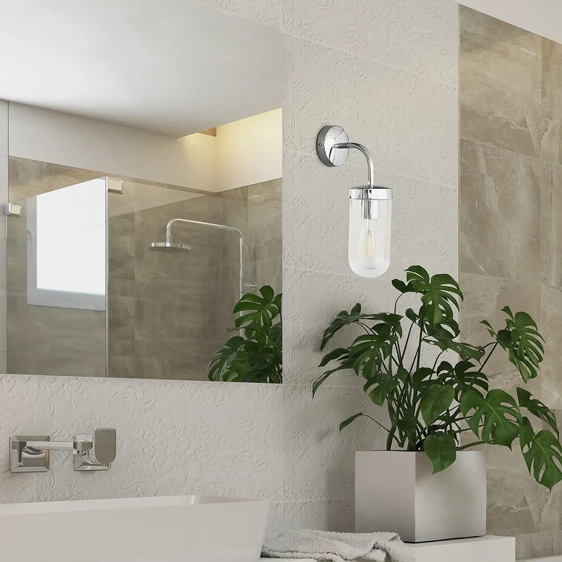 Yago – modern lamp for bathroom in chrome with clear glass, 97×325mm, 1×E27, IP44