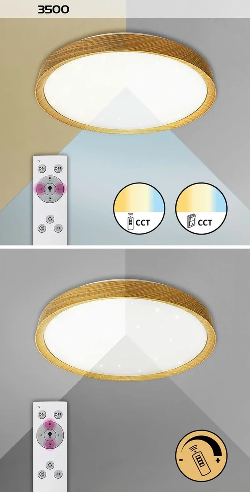 Sherwood – LED плафон в бук/бяло, Ø490мм, 50W, 3000-6500K, дистанционно