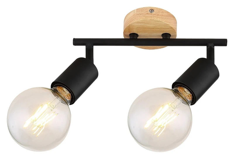 Spotlights Pablo – double spotlight in black matt with wood base, 255×135mm, 2×E27