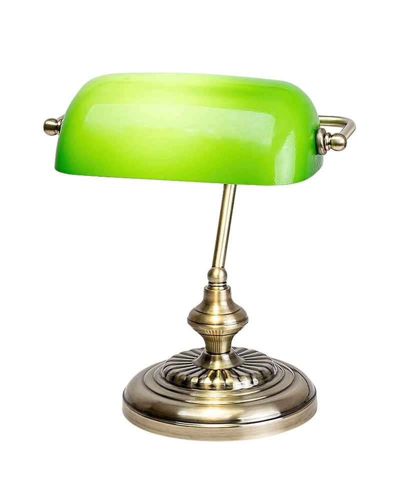 Bank – classic table lamp in bronze with green glass shade, 270×330mm, 1×E27
