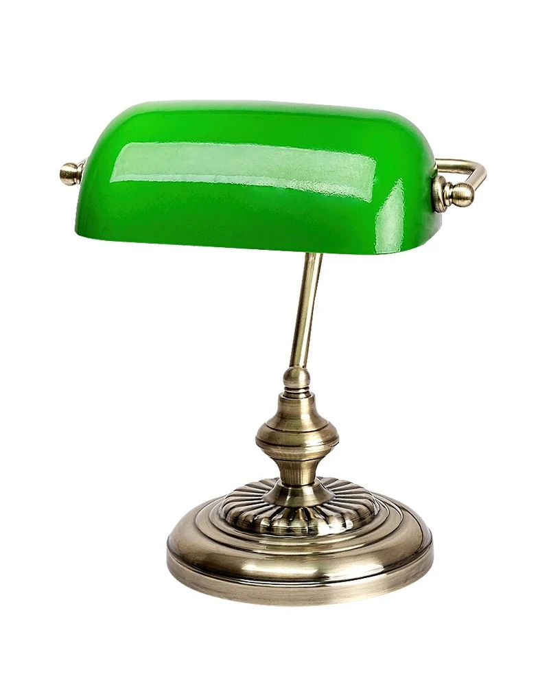 Bank – classic table lamp in bronze with green glass shade, 270×330mm, 1×E27