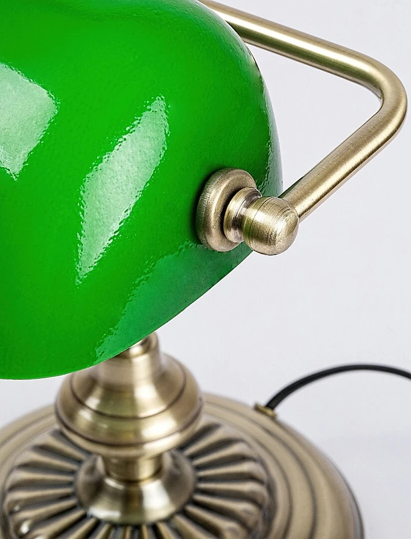 Bank – classic table lamp in bronze with green glass shade, 270×330mm, 1×E27