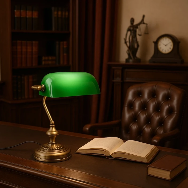 Bank – classic table lamp in bronze with green glass shade, 270×330mm, 1×E27