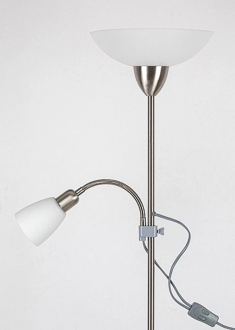 Diana – floor-standing lamp with satin chrome and white glass, Ø285mm, E27+E14