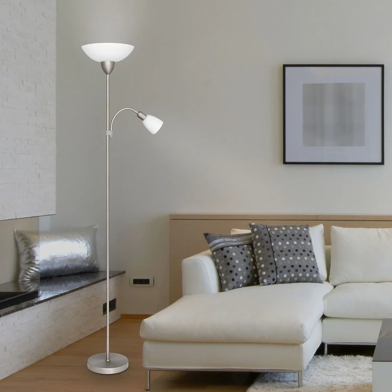 Diana – floor-standing lamp with satin chrome and white glass, Ø285mm, E27+E14