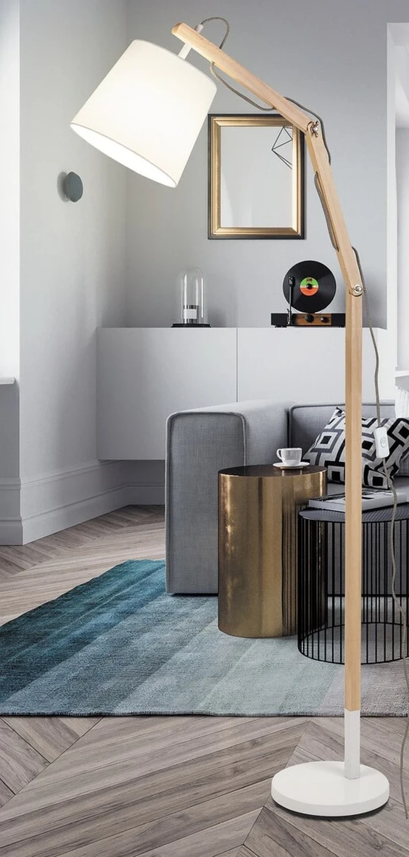 Thomas – Scandinavian floor lamp in white with wood and fabric shade, Ø230mm, 1×E27