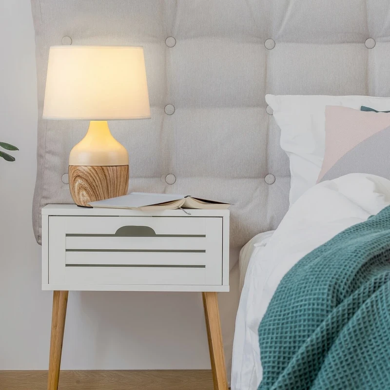 Yvette – night lamp in beige ceramic with white fabric shade, Ø200mm, 1×E14