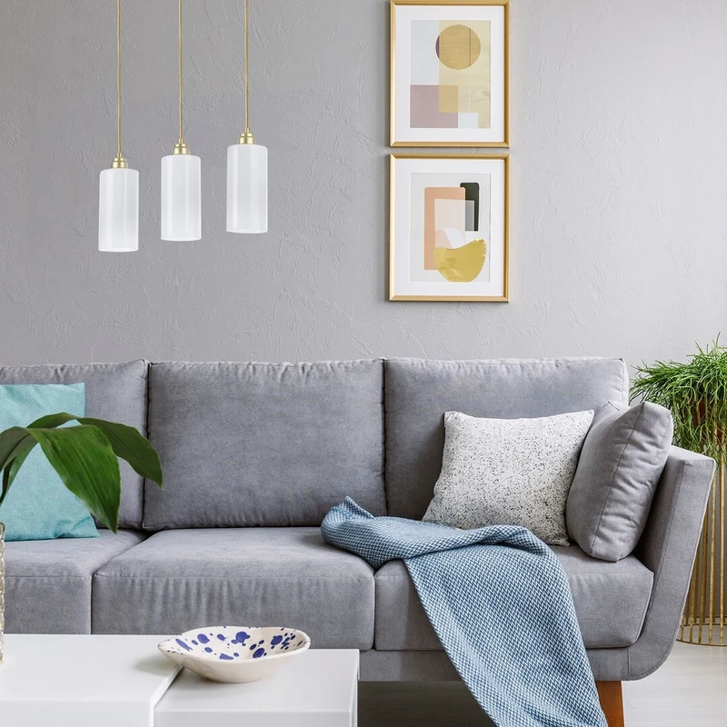Panthea – triple pendant in gold with white glass shades, 500mm, 3×E27