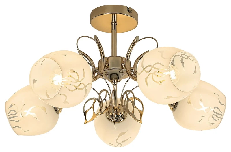 Fauna – classic ceiling light in gold with white glass shades, Ø560mm, 5×E27