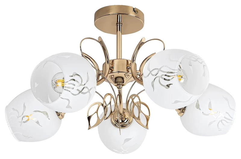 Ceiling Lights Fauna – classic ceiling light in gold with white glass shades, Ø560mm, 5×E27
