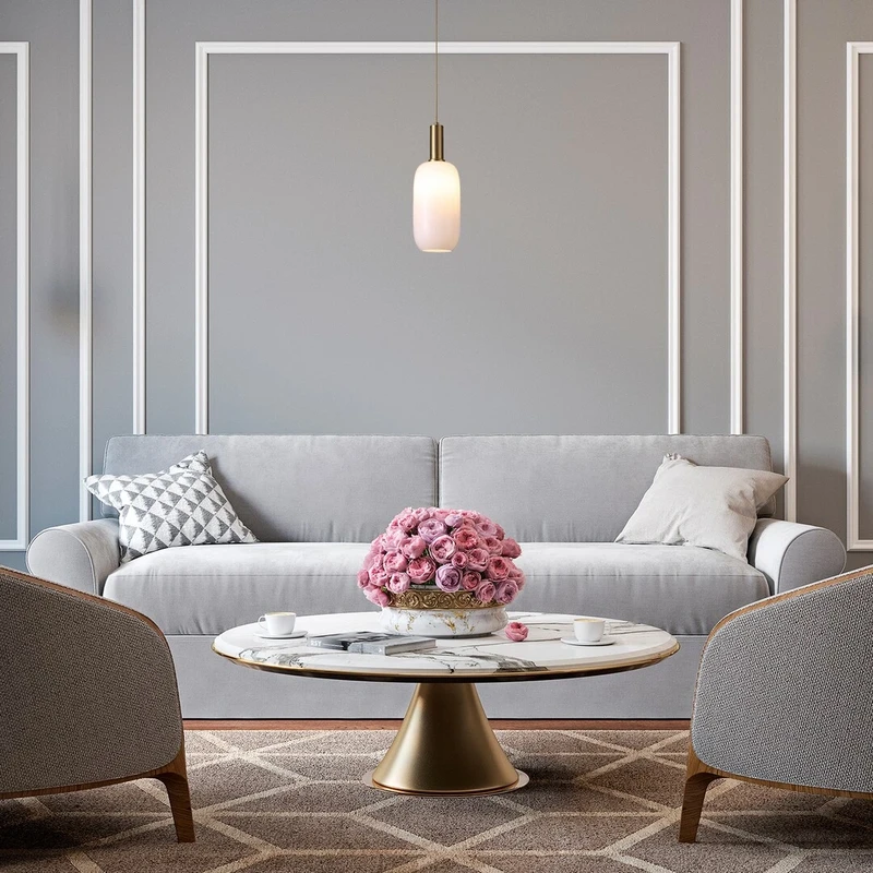 Sinopia – classic pendant in gold with opal glass, Ø145mm, E27