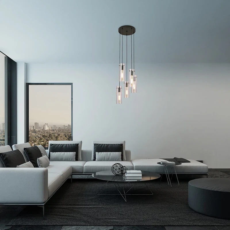 Acantha – 5-раменен пендел в черно с прозрачно стъкло, Ø350мм, 5×E27