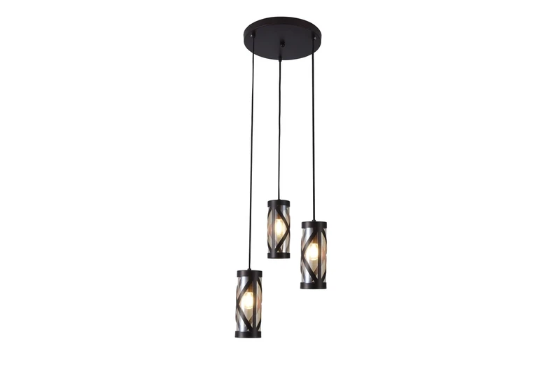 Pendant Lights Oberon – industrial triple pendant in brown with amber glass, Ø300mm, 3×E14