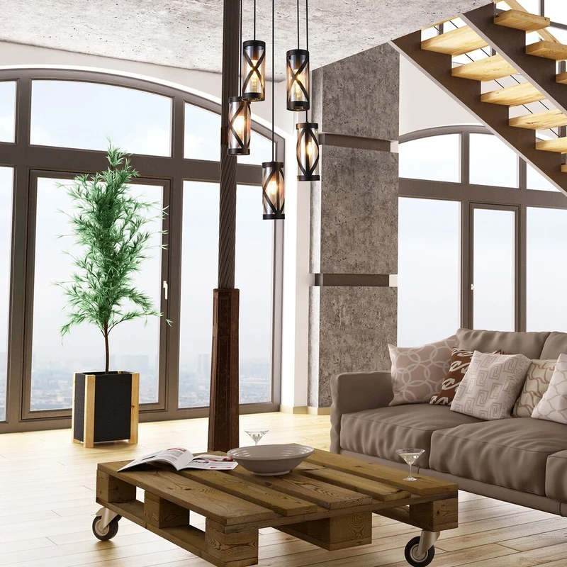 Oberon – industrial pendant in brown with amber glass, Ø350mm, 5×E14