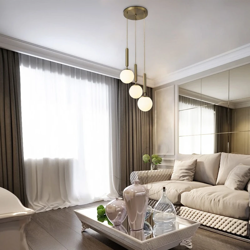 Divina – triple LED pendant in gold with white glass shades, Ø370mm, 3×E14