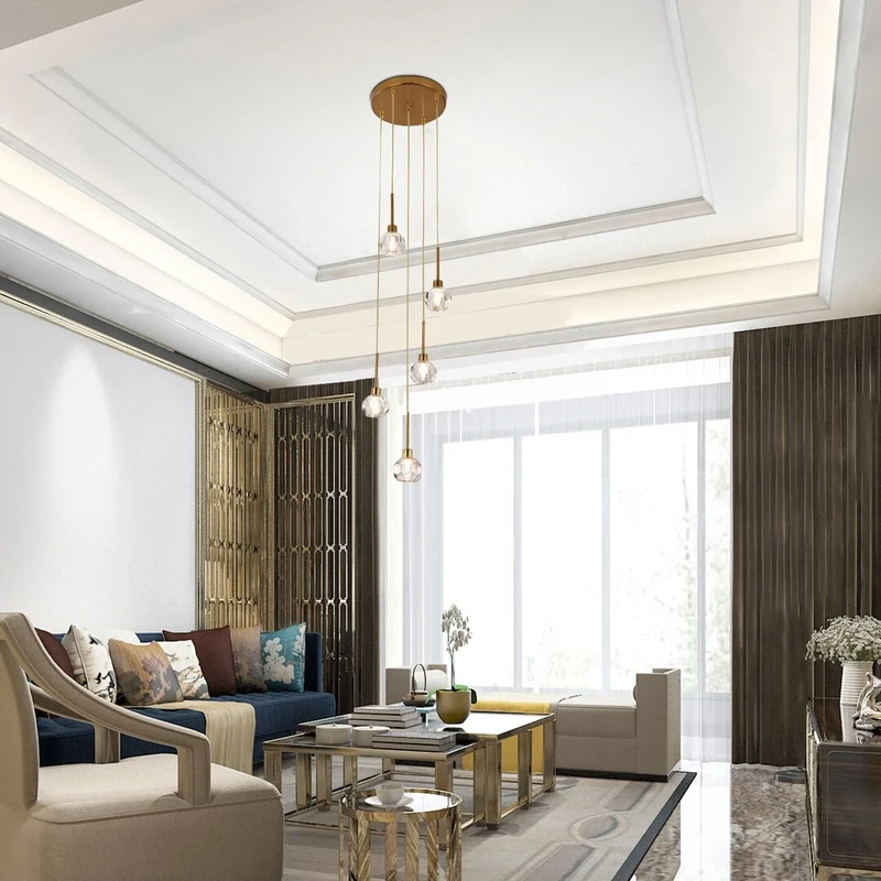 Kassia – classic LED pendant in gold with glass spheres, Ø300mm, 5×G9