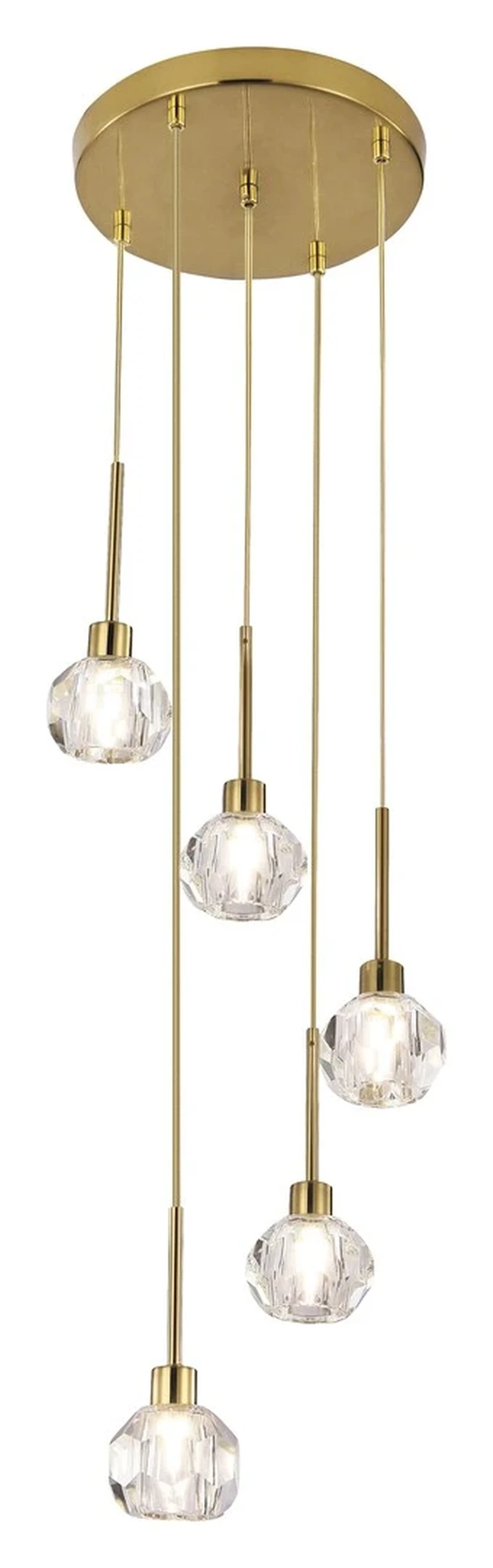 LED Pendants & Chandeliers Kassia – classic LED pendant in gold with glass spheres, Ø300mm, 5×G9